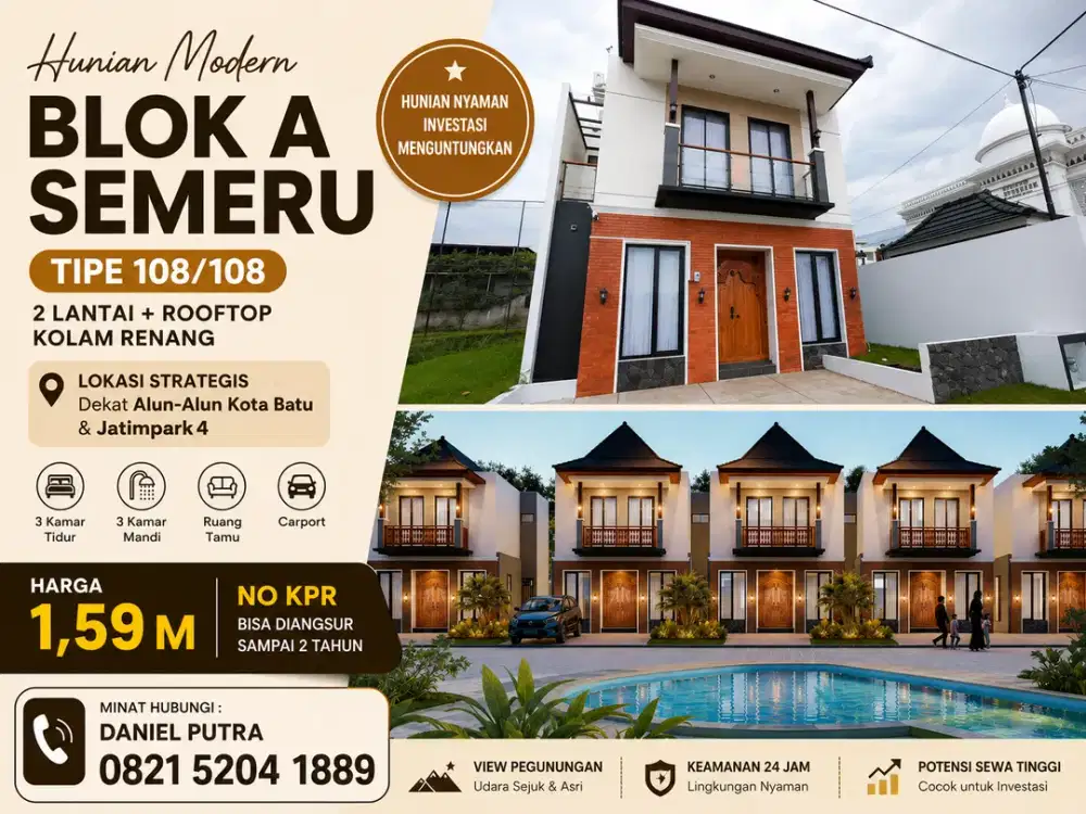 Villa Luxury 2 Lantai + Rooftop & Pool Dekat Alun-Alun Batu. ada manajemen kelola sewa villanya