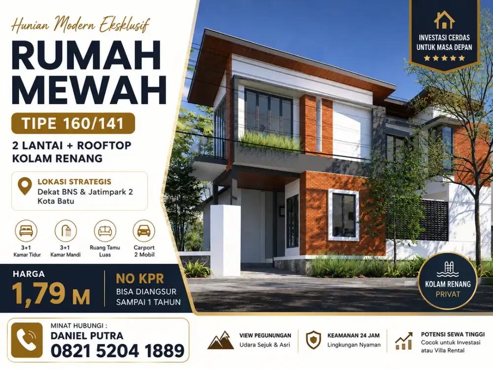 Villa 2 Lantai + Rooftop View Gunung Batu (1,79 M) Free Custom Desain & Kelola Sewa