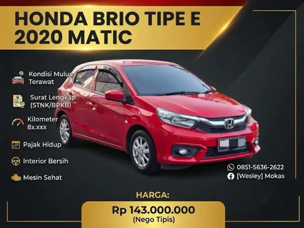 (PAJAK PANJANG) HONDA BRIO TIPE E AT 2020