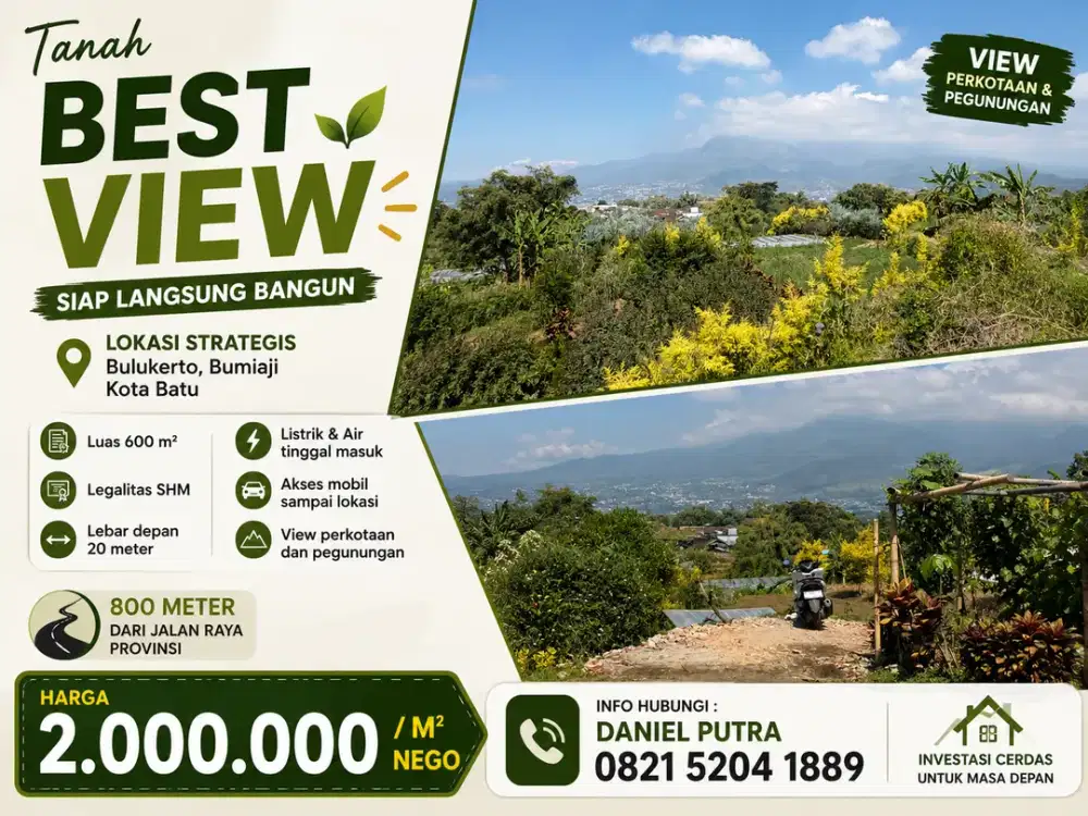 Tanah Best View Pegunungan & Kota Batu 600m² di Bulukerto, SHM Siap Bangun Villa