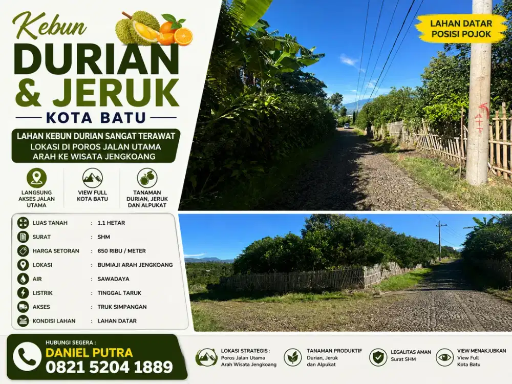 Kebun Durian & Buah 1,1 Ha SHM di Poros Jalan Utama Bumiaji KOTA Batu – Cocok Resort/Agrowisata