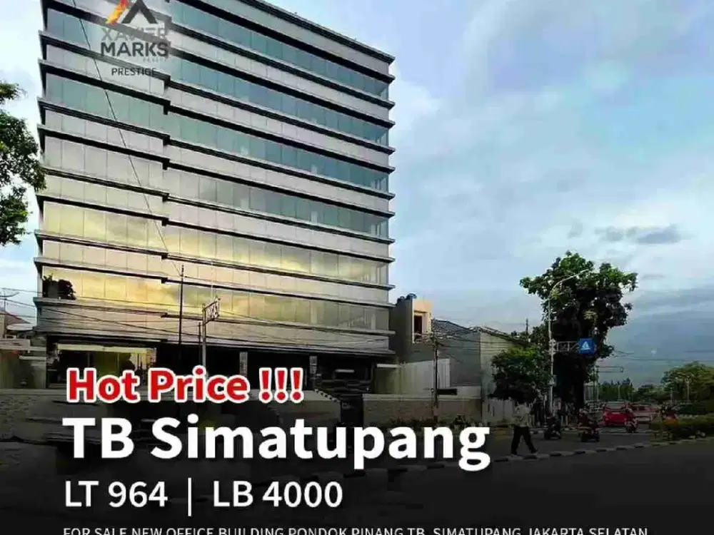 FOR SALE
NEW OFFICE BUILDING
PONDOK PINANG TB. SIMATUPANG JAKARTA SELATAN

Lokasi Strategis, Exit Tol, Jalan Lebar.

Luas Tanah : 964 m² 
Luas Bangunan : 4000 m²
Lantai: 7 + 1 Rooftop + 1 Basement
Parkir mobil: 40
Parkir motor: 150
Lift 2 unit
Toilet Male
