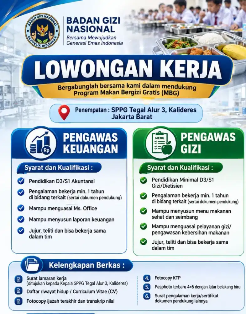 Dicari pengawas keuangan dan gizi