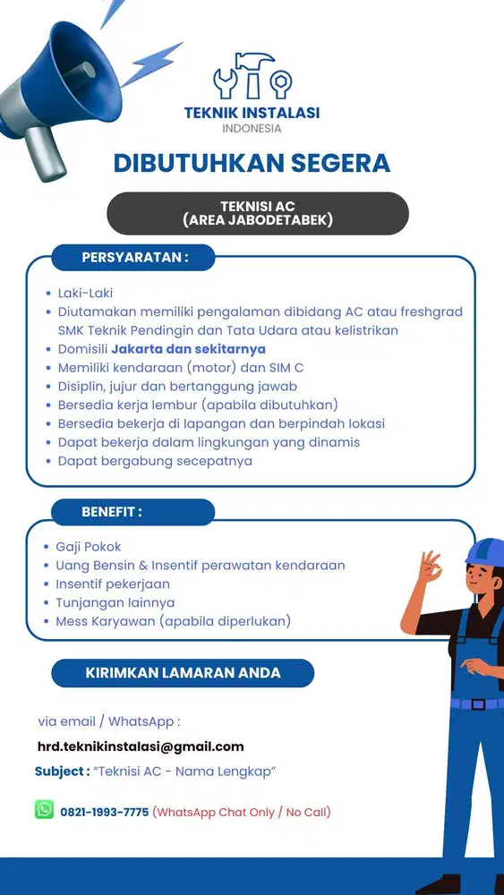 Lowongan Teknisi AC Full Time Jabodetabek