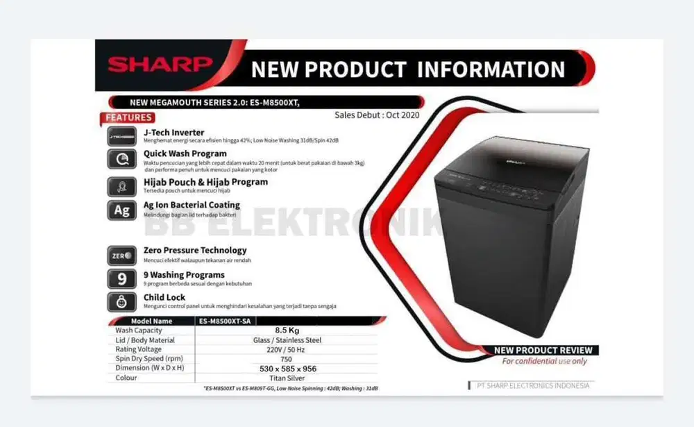 PROMO Mesin cuci 1 tabung sharp megamouth ES-M8500XT-SA 8.5kg inverter
