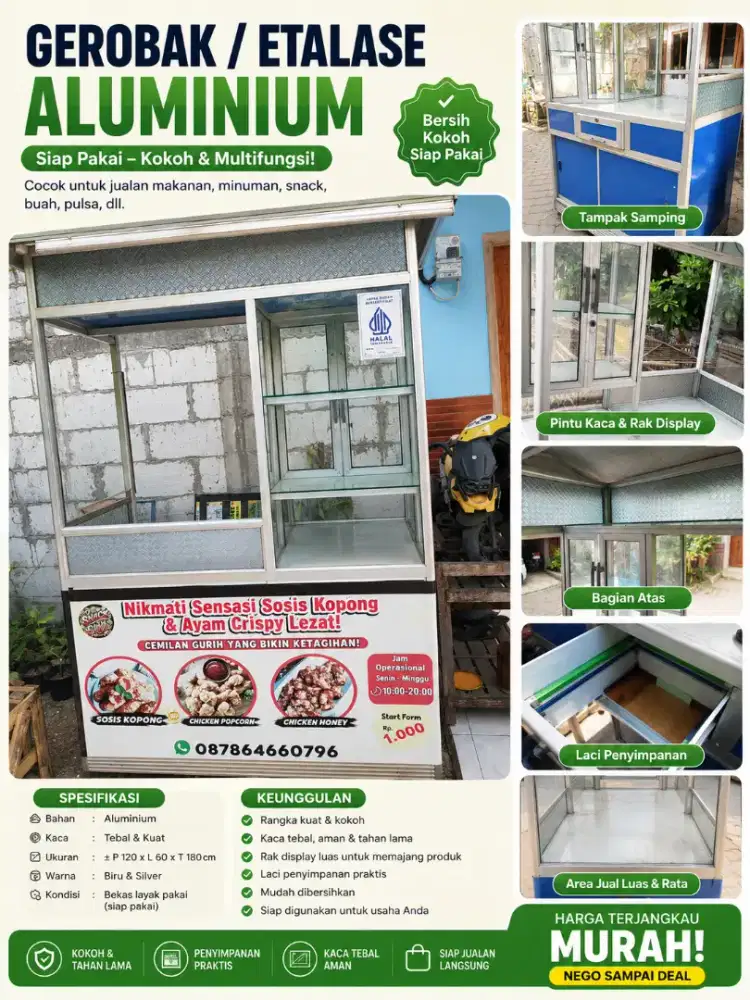 Gerobak Etalase Aluminium Bekas Siap Pakai