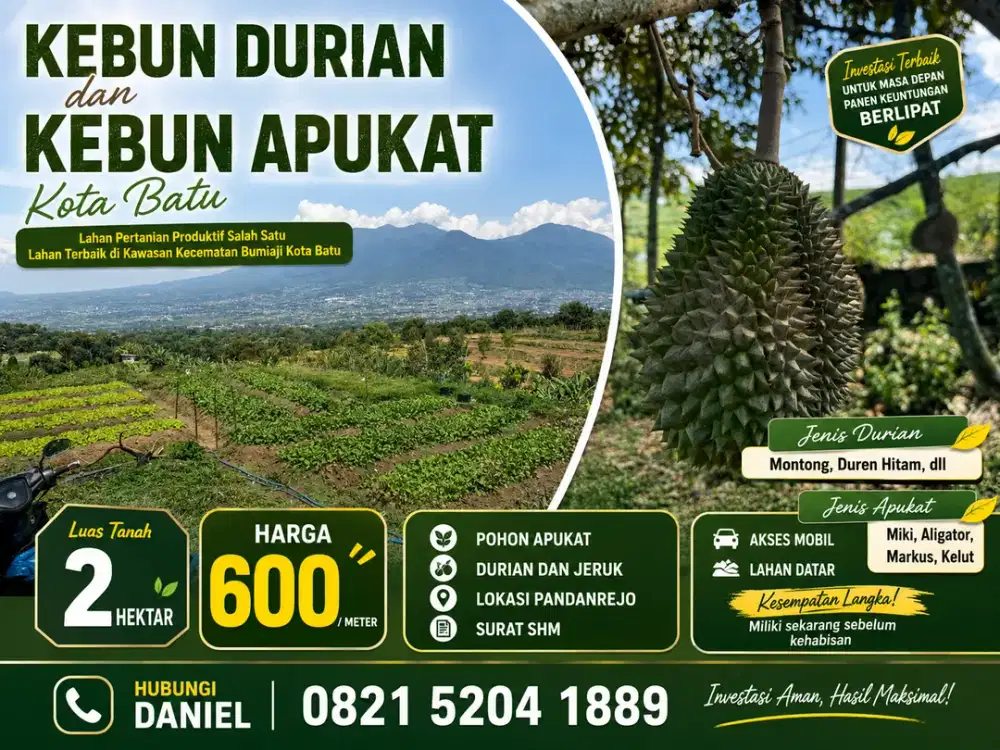Dijual tanah kebun durian, alpukat kota batu