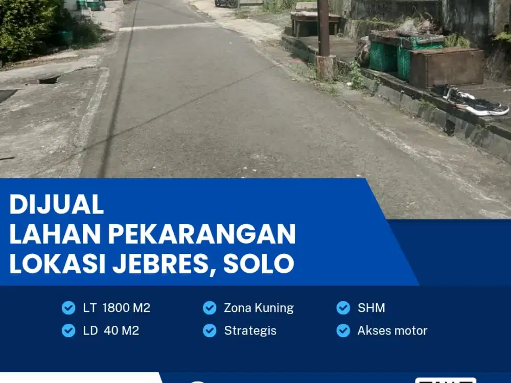 Dijual Lahan Pekarangan Zona Kuning Lokasi Strategis Jebres,Solo 1800m2 BU!!