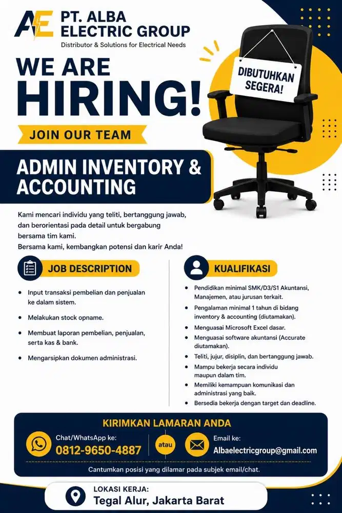 Lowongan Kerja Admin Staff Inventory & Accounting Tegal Alur