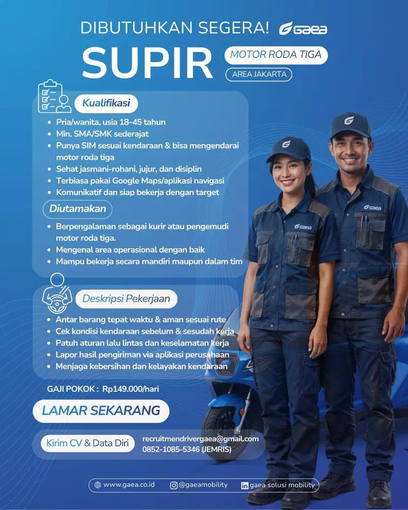 Dibutuhkan Driver sim C, untuk unit 3 wheeler,sebanyak banyaknya...