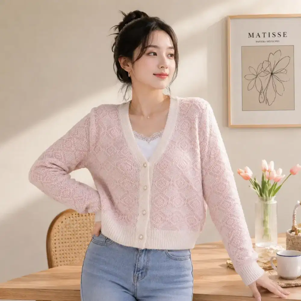 Cardigan Knit Diamond Pattern Soft Pink