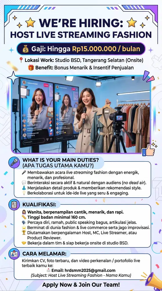 Host Live (Gaji Up to 15,000,000 + Komisi)