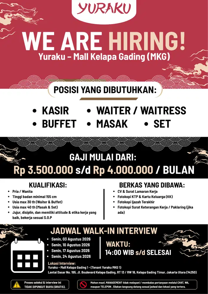 Lowongan Pekerjaan di Yuraku Mall Kelapa Gading