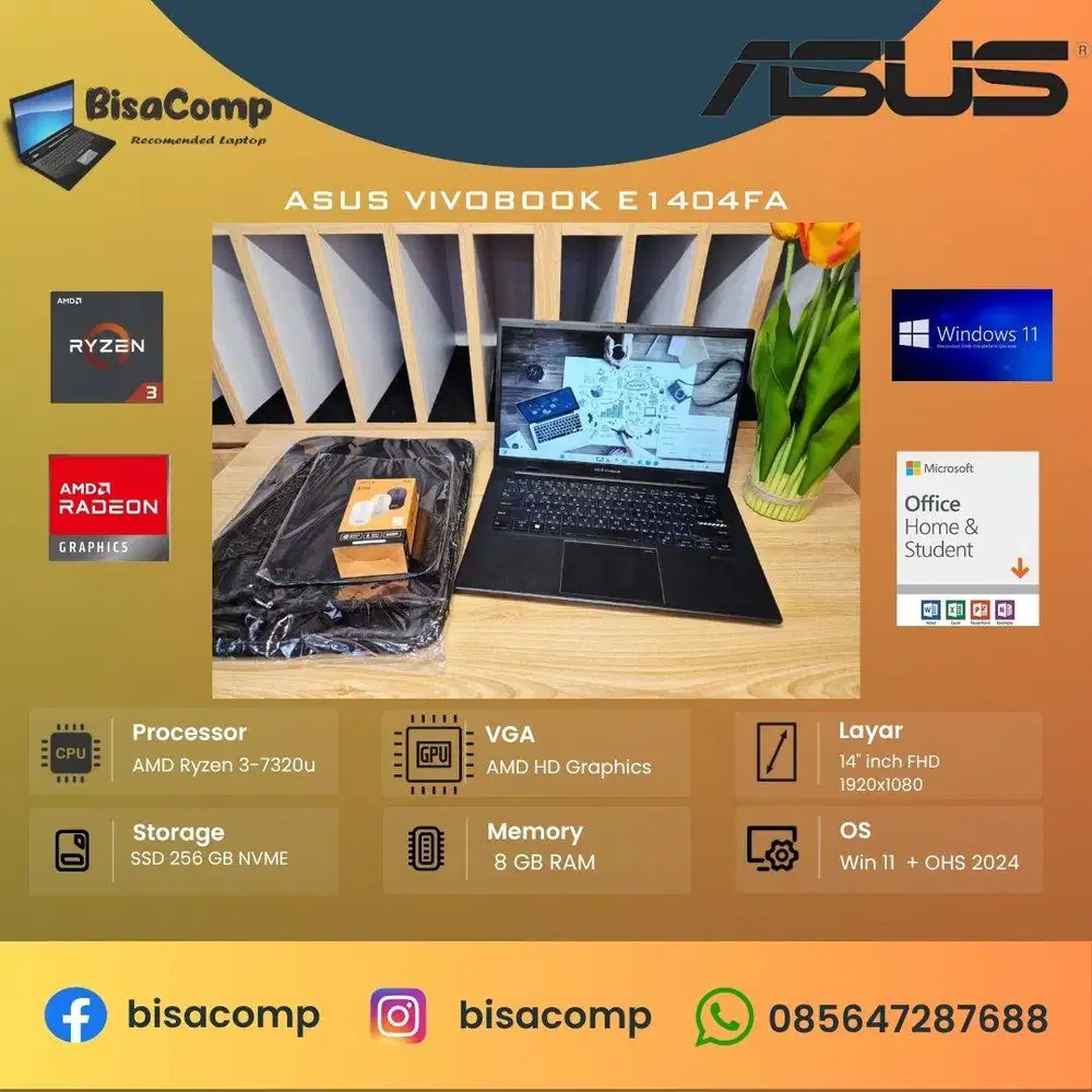 Asus Vivobook E1404FA AMD Ryzen 3-7320 SSD 256gb Ram 8gb 14inchFHD