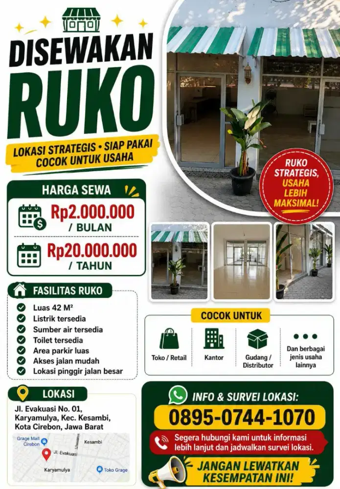 DISEWAKAN RUKO STRATEGIS – SIAP PAKAI, COCOK UNTUK USAHA