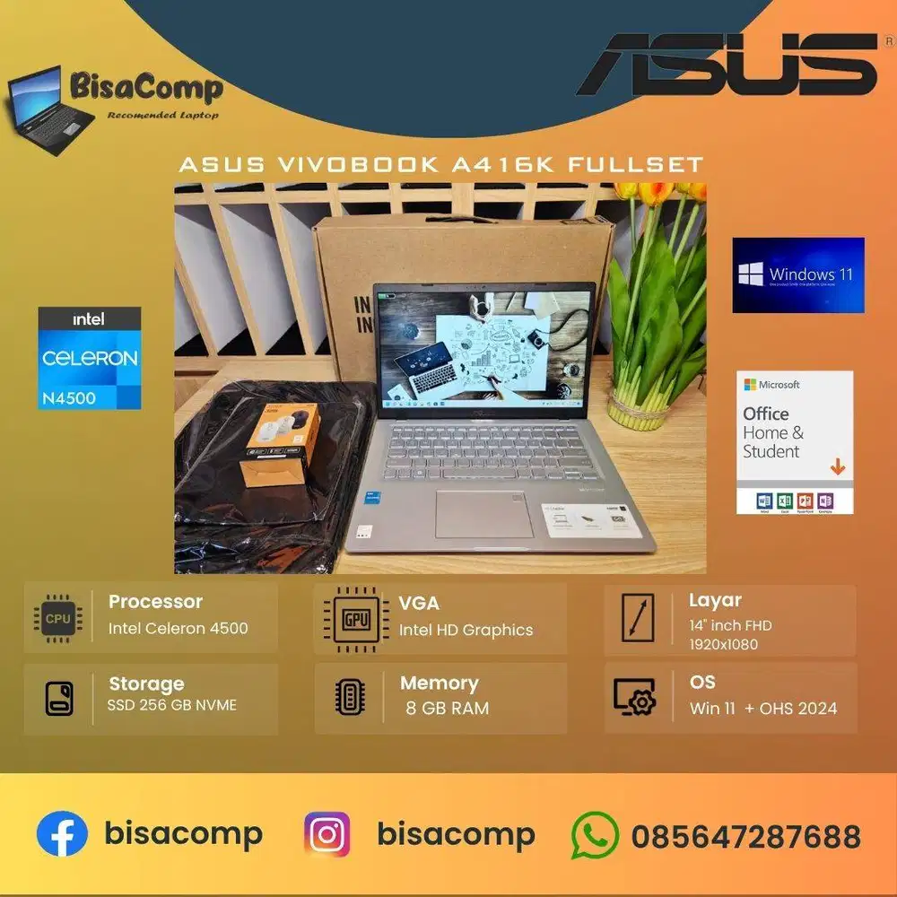 Asus Vivobook A416K Intel N4500 SSD 256gb Ram 8gb 14inchFHD Fullset