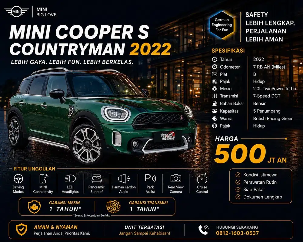 Mini Cooper S Capuntryman 2022 Antik Low KM Murah Bekas Hijau Genap