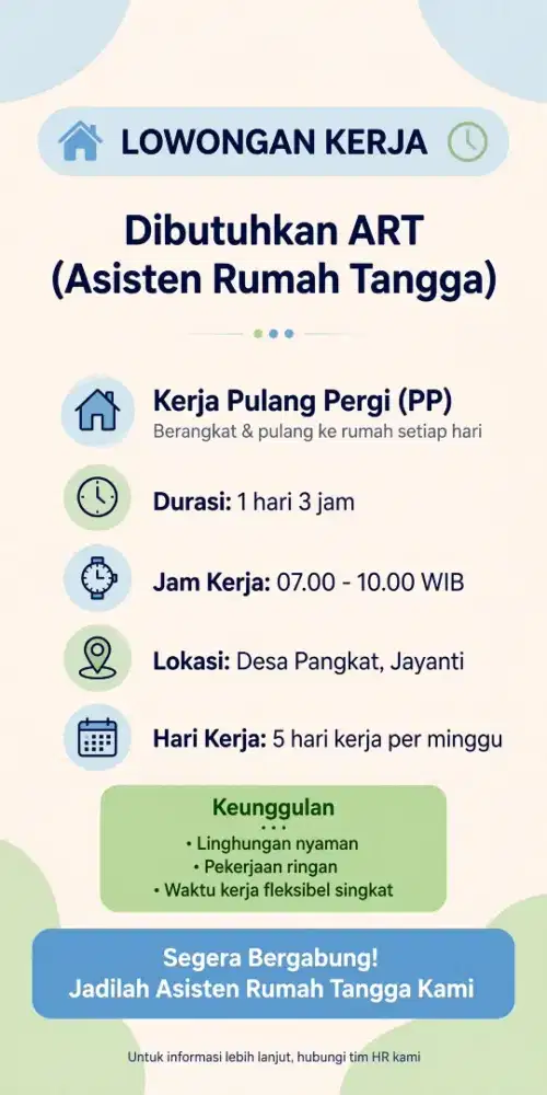 Butuh ART PP (3jam) kerja