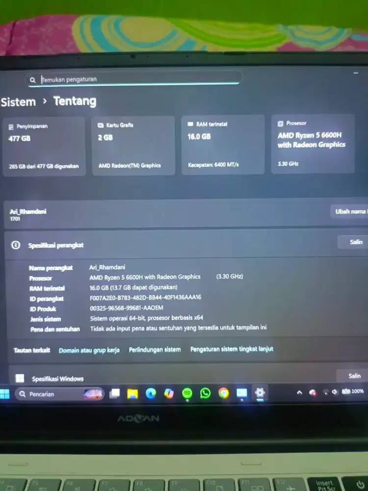 Laptop Advan WorkPlus Ryzen 5 6600H RAM 16GB SSD 512GB