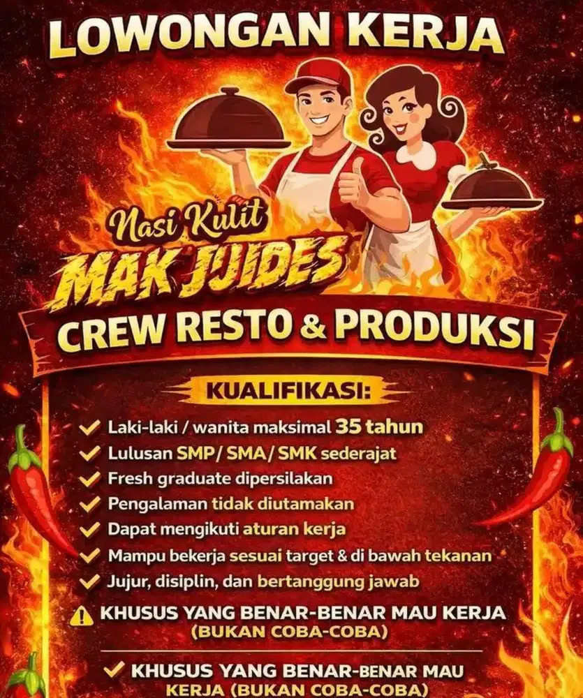 Dibutuhkan segera! CREW RESTO & PRODUKSI