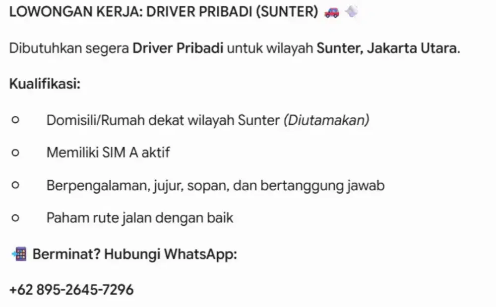 DIBUTUHKAN DRIVER PRIBADI AREA SUNTER
