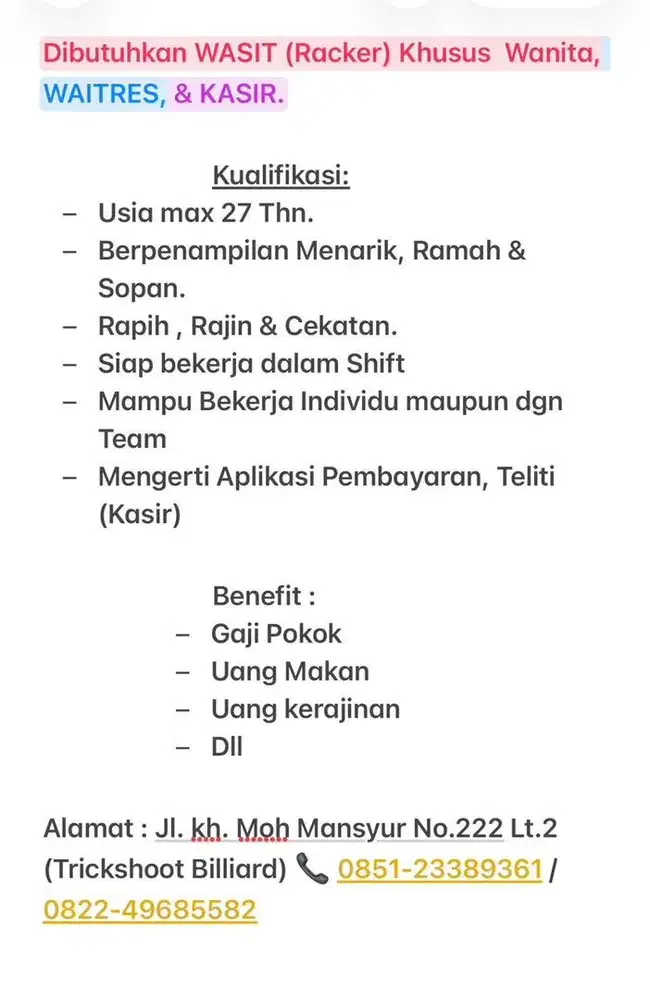 Dibutuhkan Racker & Kasir Billiard