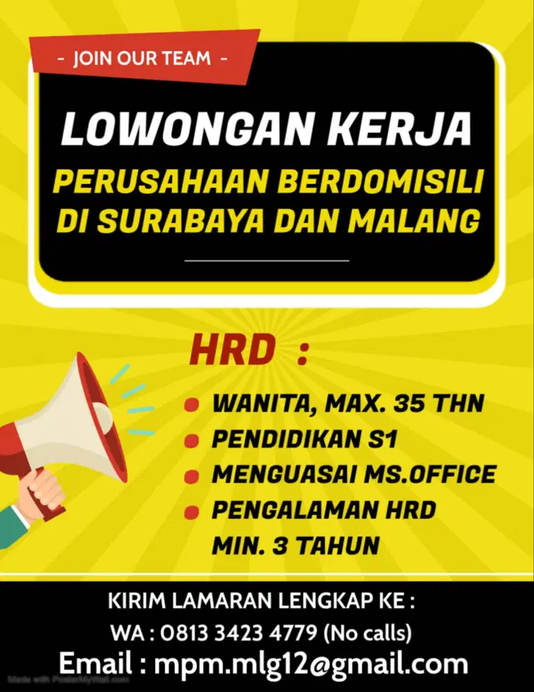 Dibutuhkan Segera HRD untuk Kantor di Surabaya dan Malang
