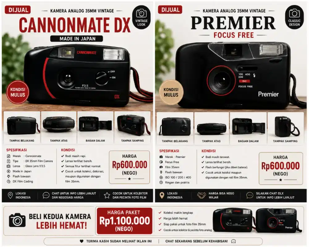 DIJUAL KAMERA VINTAGE CANNONMATE DX & KAMERA ANALOG PREMIER FF 35MM