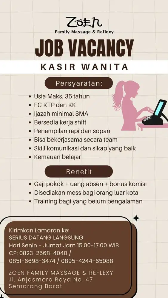 Lowongan Kerja Kasir / Therapist / Parkir ZOEN