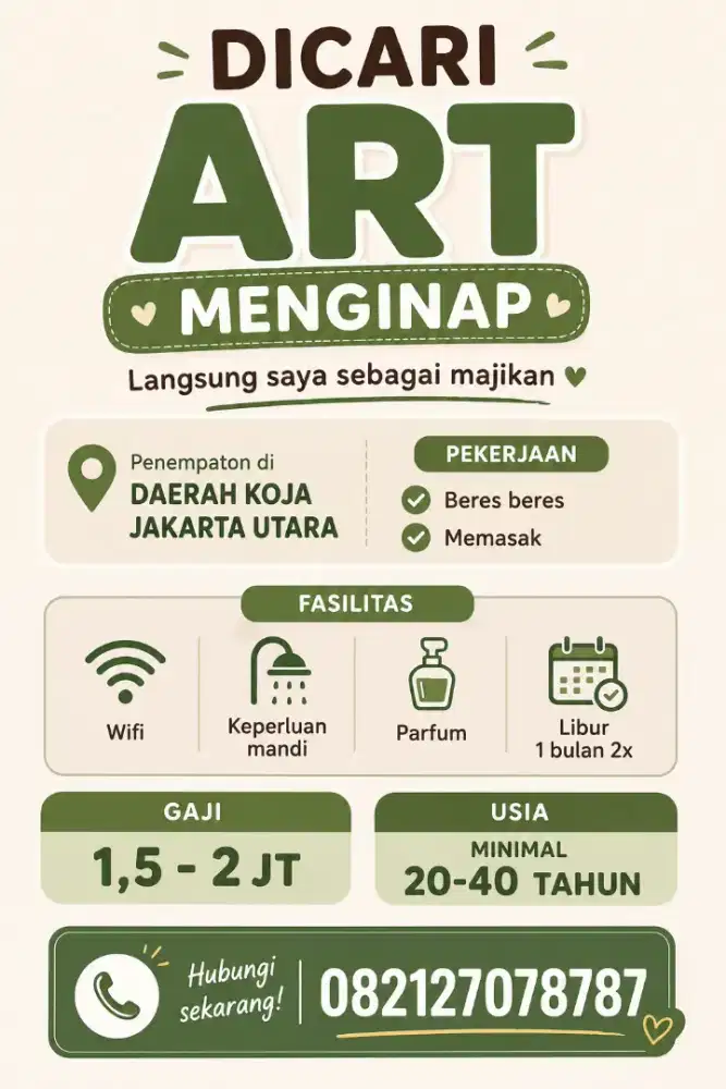 Dicari ART menginap