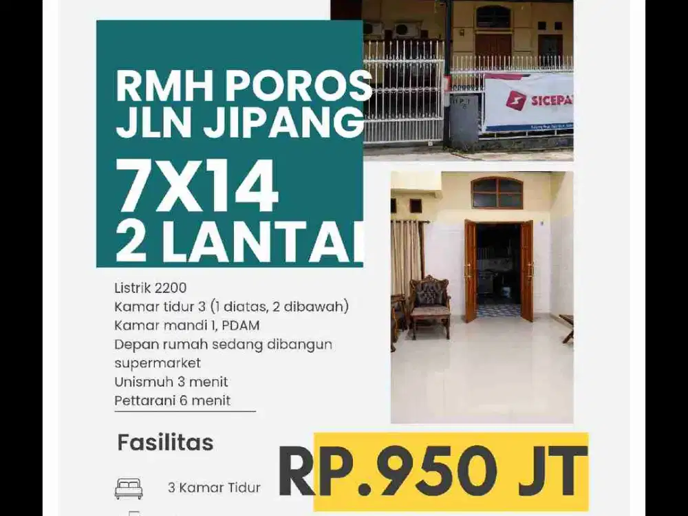 Rumah Jln Jipang Raya  
7 X 14 //99m²
Listrik 2200
Kamar tidur 3 (1 diatas, 2 dibawah)
Kamar mandi 1
PDAM
Depan rumah sedang dibangun supermarket
Unismuh 3 menit
Pettarani 6 menit

Dijual berikut isian 
Ac ½pk  2 unit
Kulkas
Springbed 200x200
Sofa
Kipas
K