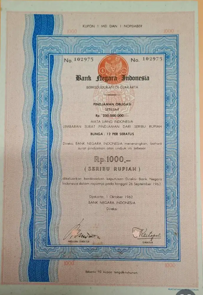 Obligasi BNI 1000 Rupiah tahun 1962