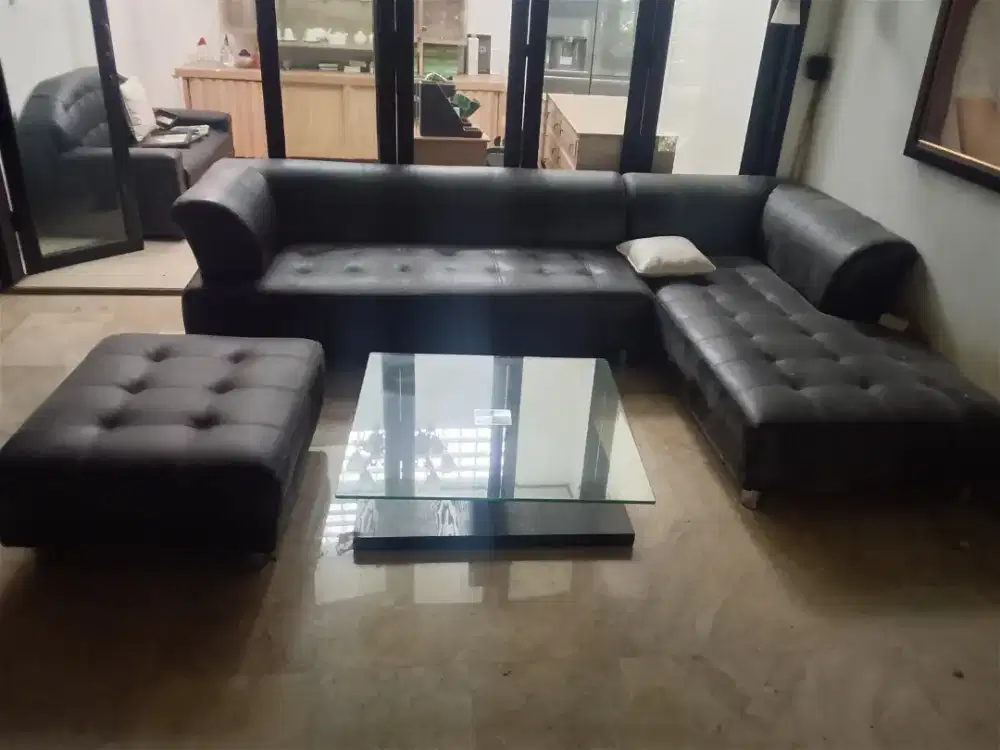 Sofa L Genuine Leather + Ottoman + Meja Kaca