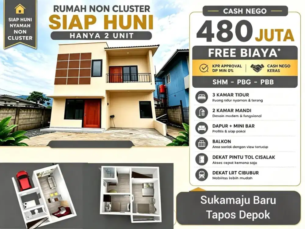 Rumah New 2 Lantai Free Biaya di Pekapuran Sukamaju Baru Tapos Depok