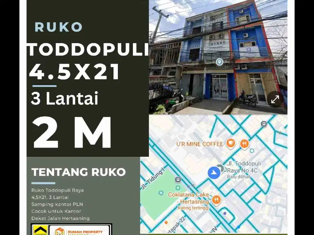 Ruko Toddopuli Raya 
4,5X21, 3 Lantai
Samping kantor PLN
Dekat Jl Hertasning 
Rp. 2 M