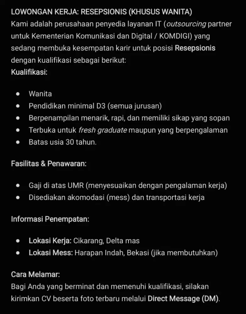 Dicari wanita buat Resepsionis