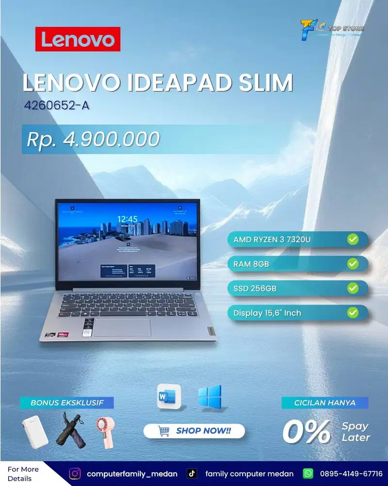 LAPTOP LENOVO IDEAPAD SLIM AMD RYZEN 3 7320U SSD 256/8GB