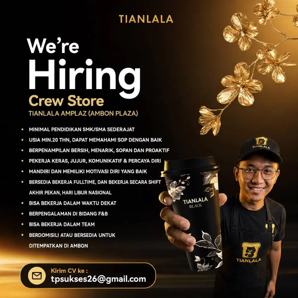 Lowongan Pekerjaan untuk Crew Store Tianlala di Ambon Plaza