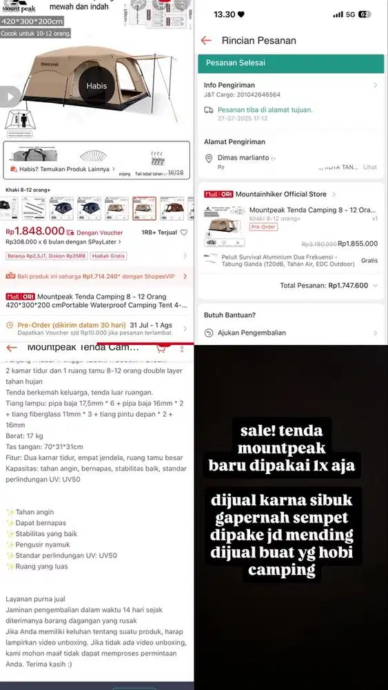 dijual tenda mountpeak kapasitas 8-12 org