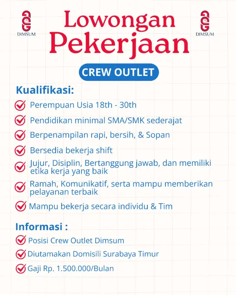 DiButuhkan Karyawan penjada outlet Dimsum
