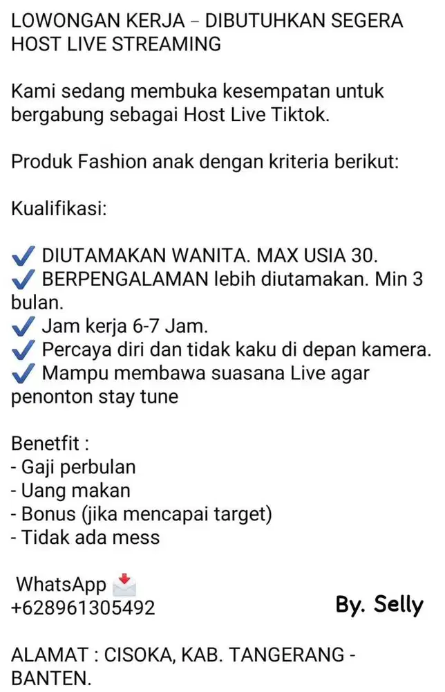 LOKER HOST LIVE STREAMING FASHION ANAK