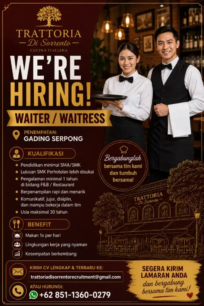 Lowongan kerja Waiter/s