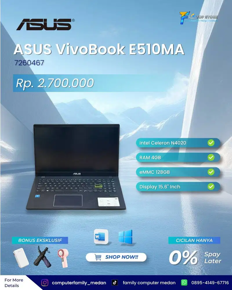 LAPTOP ASUS VIVOBOOK E510MA CELERON N4020 MMC 128/4GB BACKLITE