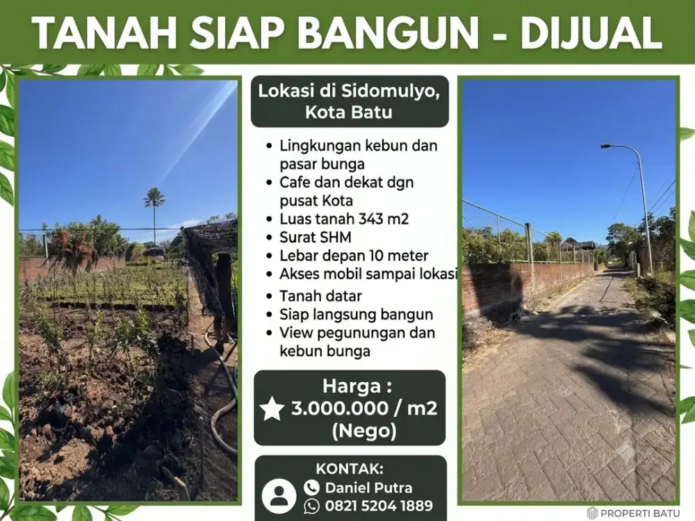 Tanah Siap Bangun SHM 343 m² di Sidomulyo Batu – View Pegunungan & Kebun Bunga