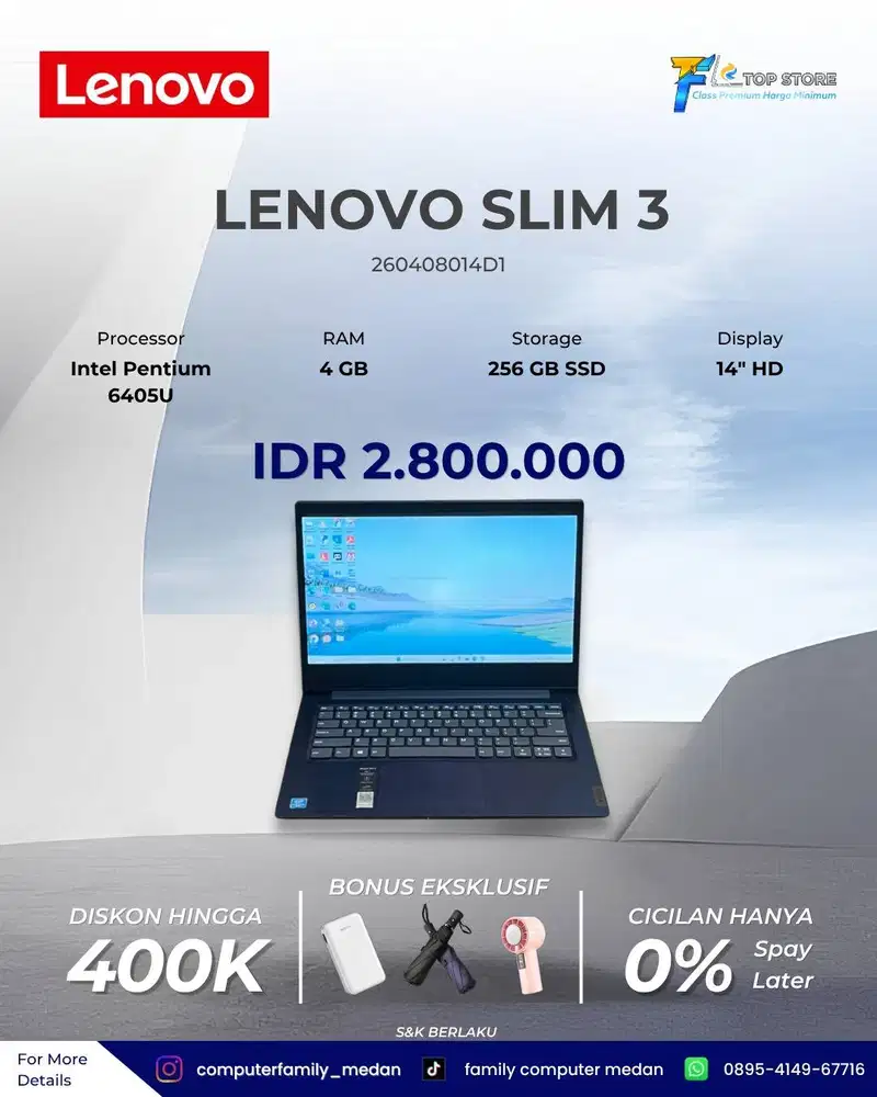 LENOVO SLIM 3 INTEL PENTIUM 6405U RAM 4GB SSD 256GB