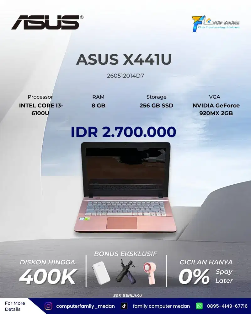 ASUS X441U CORE I3 CPU 6100 RAM 8GB SSD 256GB NVIDIA 920MX 2GB