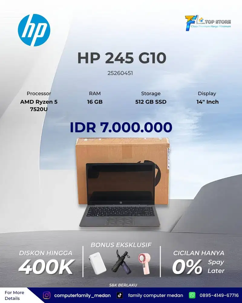 LAPTOP HP 245G10 14 INCH AMD RYZEN 5 7320U RAM 16GB SSD 512GB FULLSET