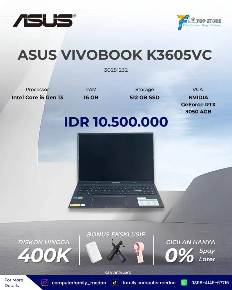 LAPTOP ASUS VIVOBOOK K3605VC-I535B1T CORE I5 GEN 13 RAM 16GB SSD 512GB