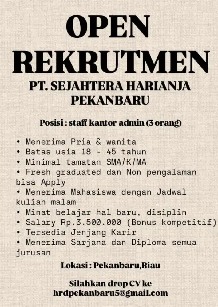 Penerimaaan Karyawan Baru cab. Pekanbaru