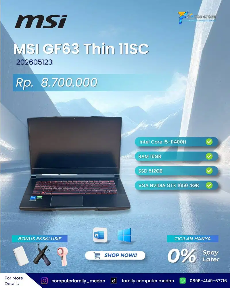 LAPTOP MSI GF63 THIN 11SC | CORE I5-11400H | RAM 16 GB | SSD 512 GB